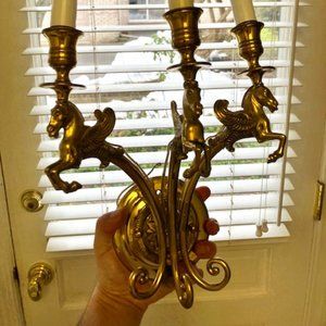 Antique equestrian brass wall sconce set